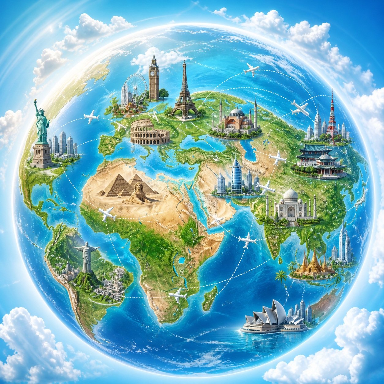 World travel map with landmarks and flight routes