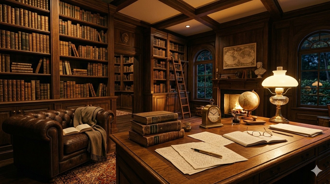 Elegant professor's library with oak desk, vintage lamp, books, and study atmosphere